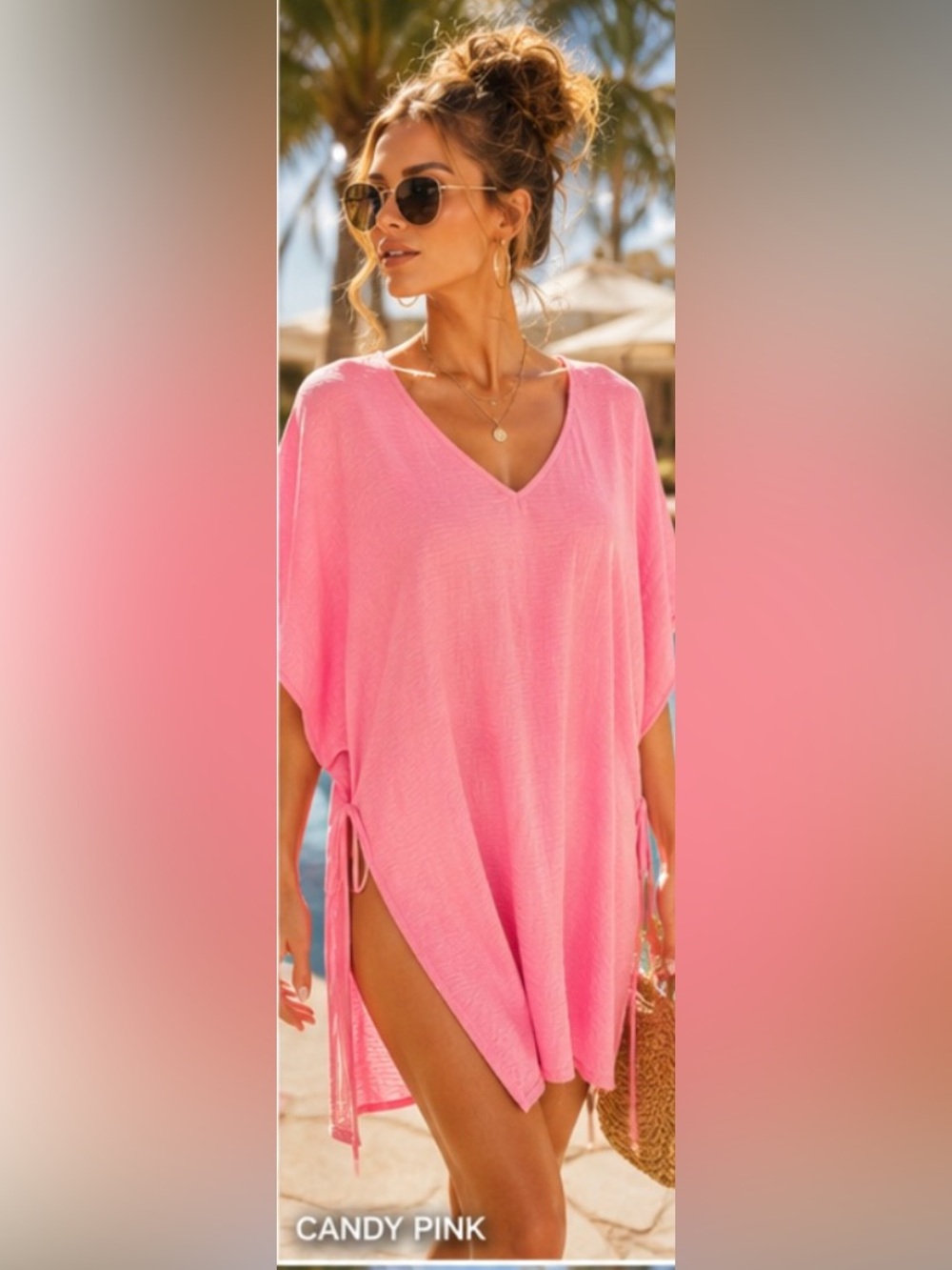 Swim Cover Up Pink V-Neck Tie-Side - Candy Pink